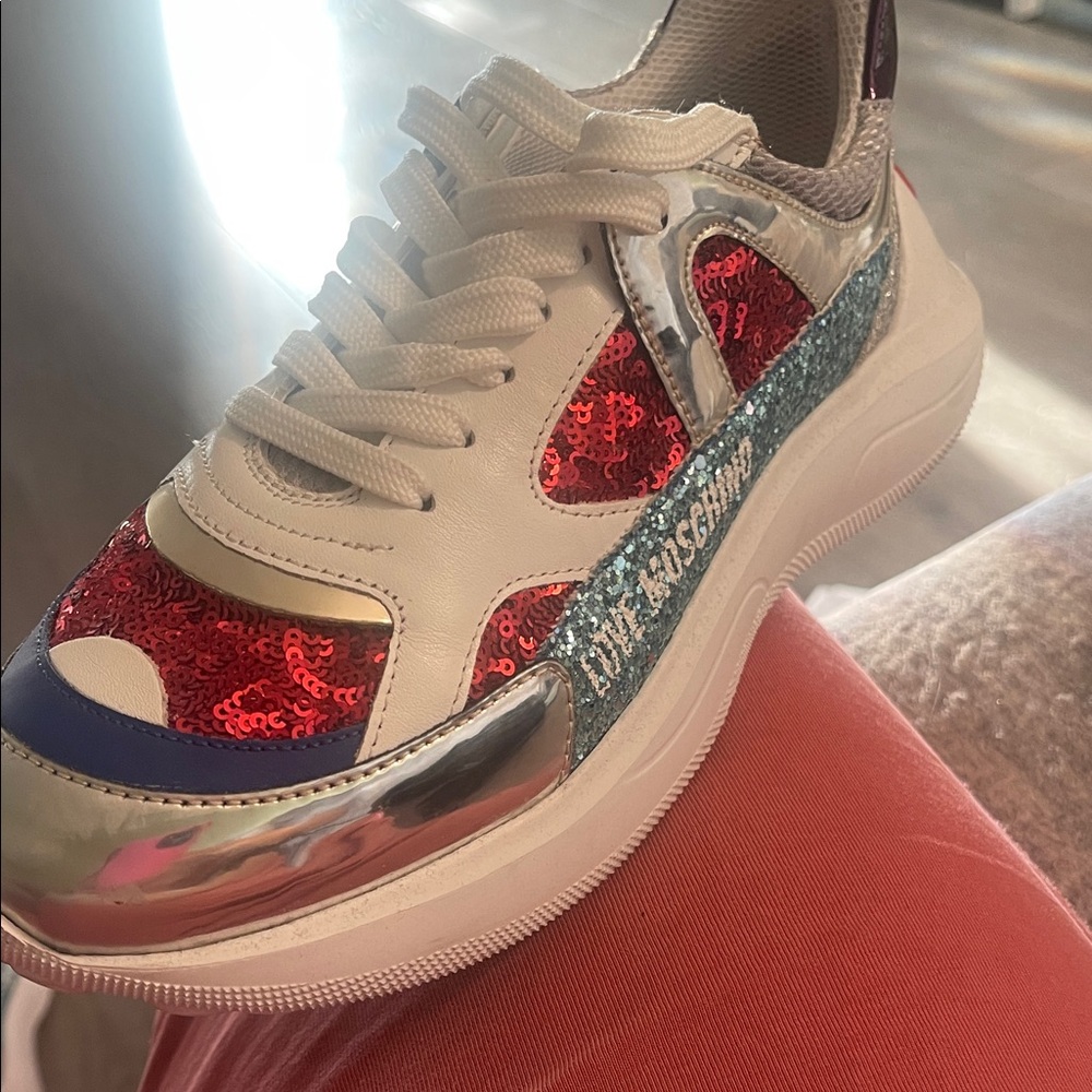 Love Moschino Red and Silver Sequin Sneakers